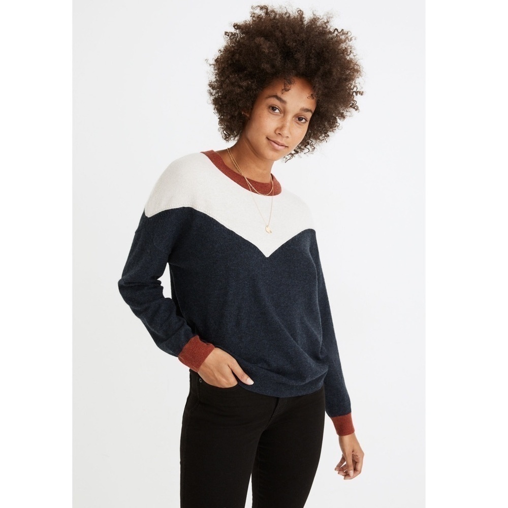 Madewell Wool Alpaca Colorblock Yoke‎ Sweater Navy Rust Cream Cozy Knit S